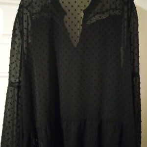 Melissa Paige Black Dotted Swiss Butterfly Sheer Sleeved Blouse XL